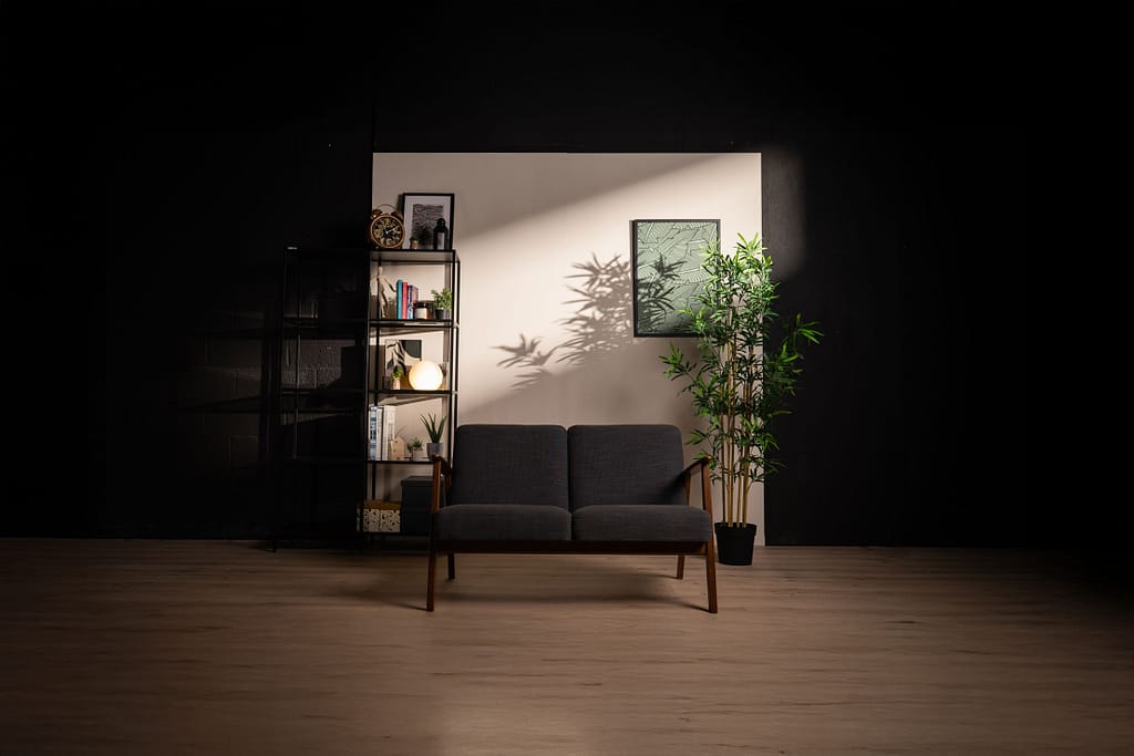 Vue large du décor L’Essentiel, mettant en scène un mur clair, des ombres de plantes, une étagère déco et un canapé deux places dans une ambiance tamisée.
