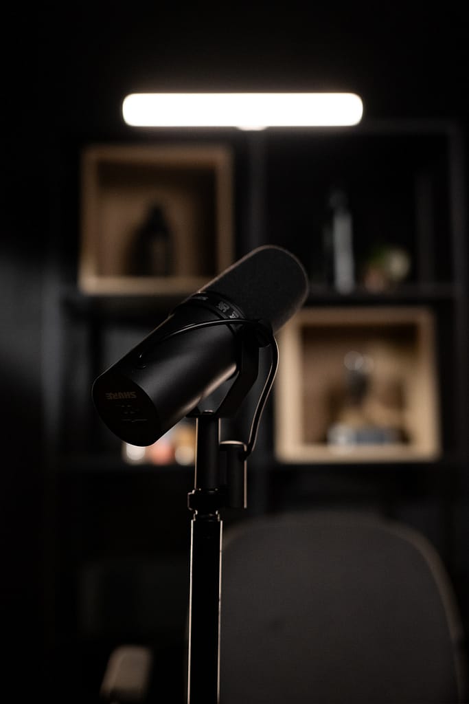 Gros plan sur le micro Shure dans le décor sombre du Studio 401