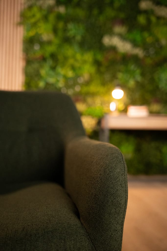 Zoom sur le tissu du fauteuil vert, soulignant la texture et la qualité des matériaux.
